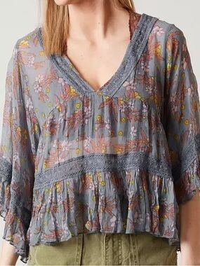 NWT Free People bright lights  Blue Floral Lace-Trim V-Neck sheer blouse size S